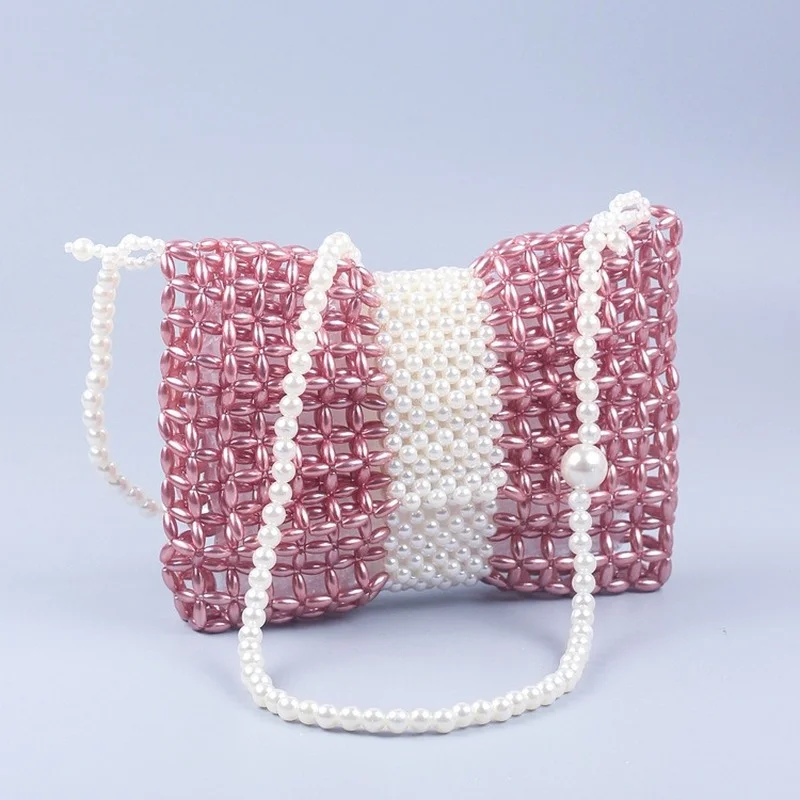 

Elegant Ladies Evening Bag Design Pink Pearl Bow Crossbody Bag Hand-woven Beaded Women's Bag Dinner Party Messenger Bag Female