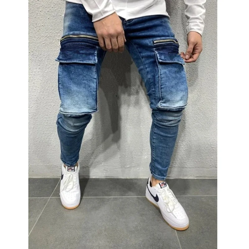 Men Jeans Spring Solid Slim Pocket Stitching Jeans Men Button Mid Waist Zipper Denim Pencil Pants Trousers Sports Hip-Hop Jeans
