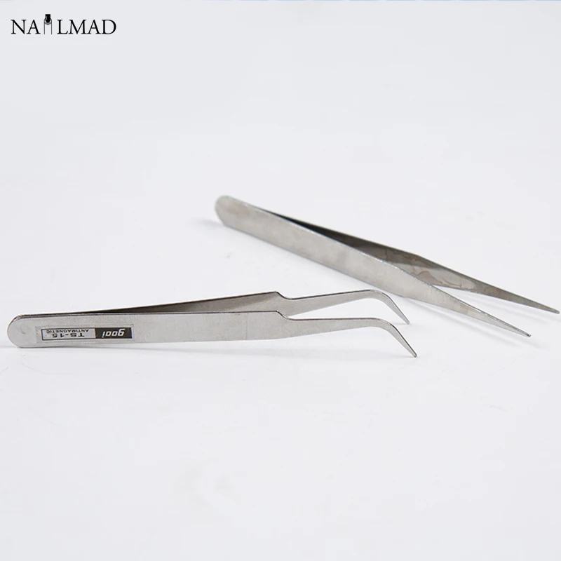 2pcs Silver Straight Tweezers Curved Tweezers kit Eyelashes Extension Tweezers Nippers Pointed Clip Nail Art Tools