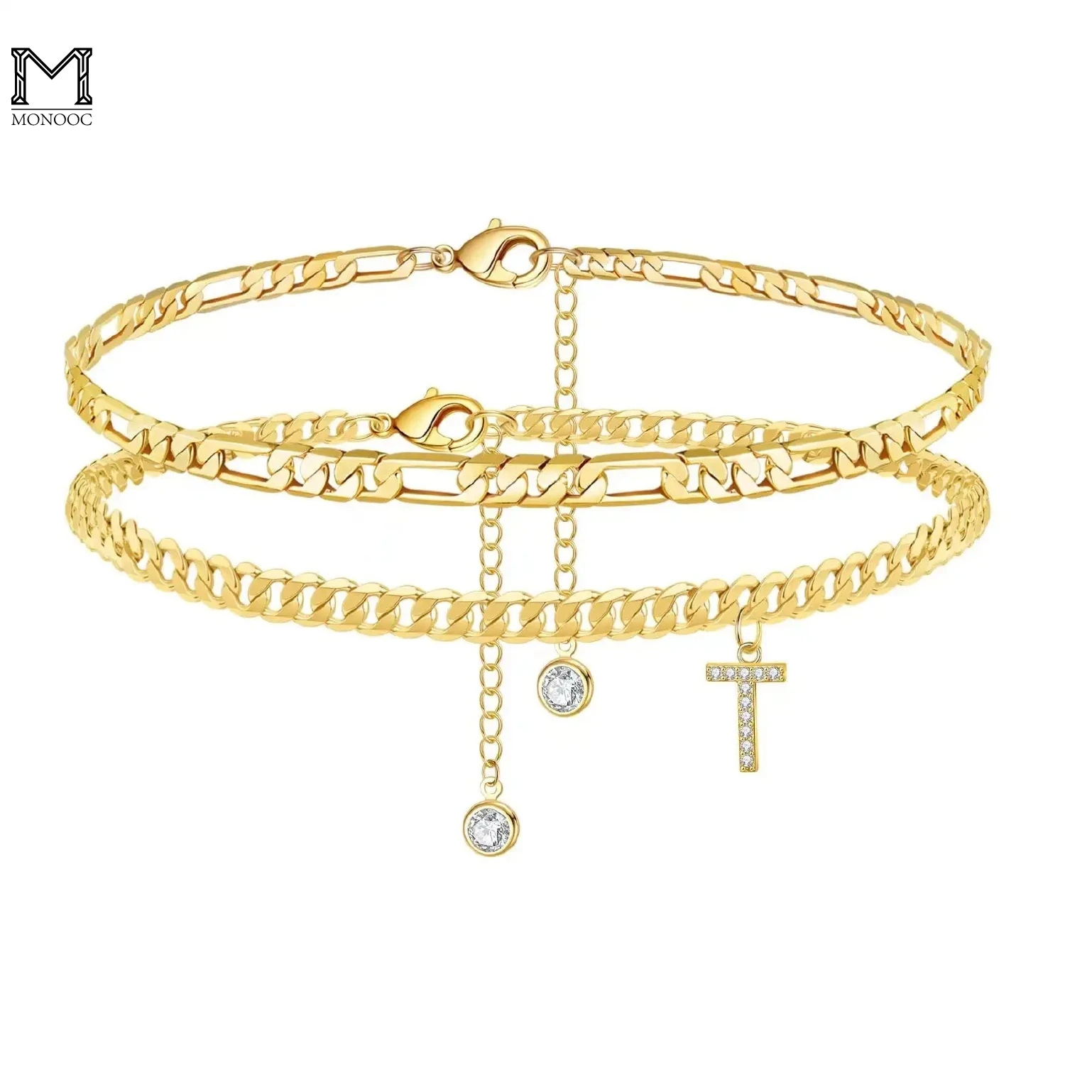 

MONOOC Initial Ankle Chain for Women 14K Gold Plated Anklet Layered Initial Cubic Zirconia Anklet Dainty Beach Gifts Letter T-Z