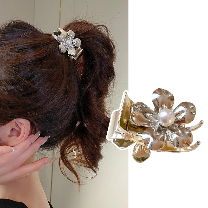 

Simple Pearl Metal Flower Hair Claw Clip Fashion High Ponytail Shark Hair Clamp Hairpins Women Headwear Pinza Pelo Mujer