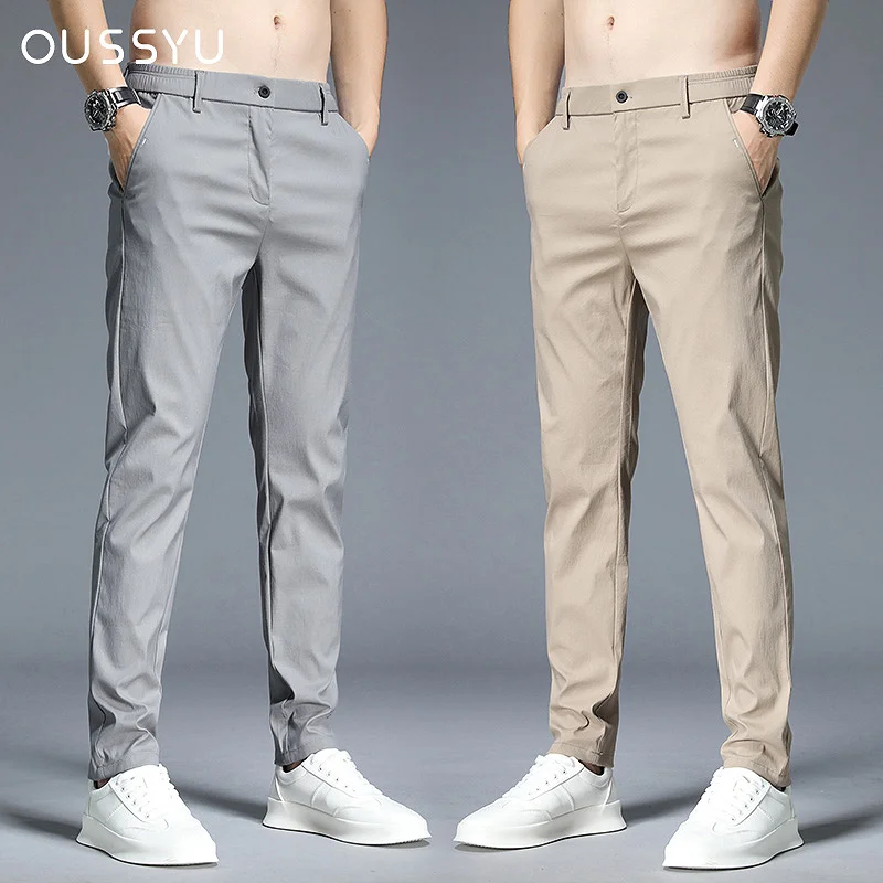 

2022 Summer Men's Thin Solid Color Pants Cotton Casual Business Straight Body Stretch Formal Breathable Khaki Grey Trousers Male