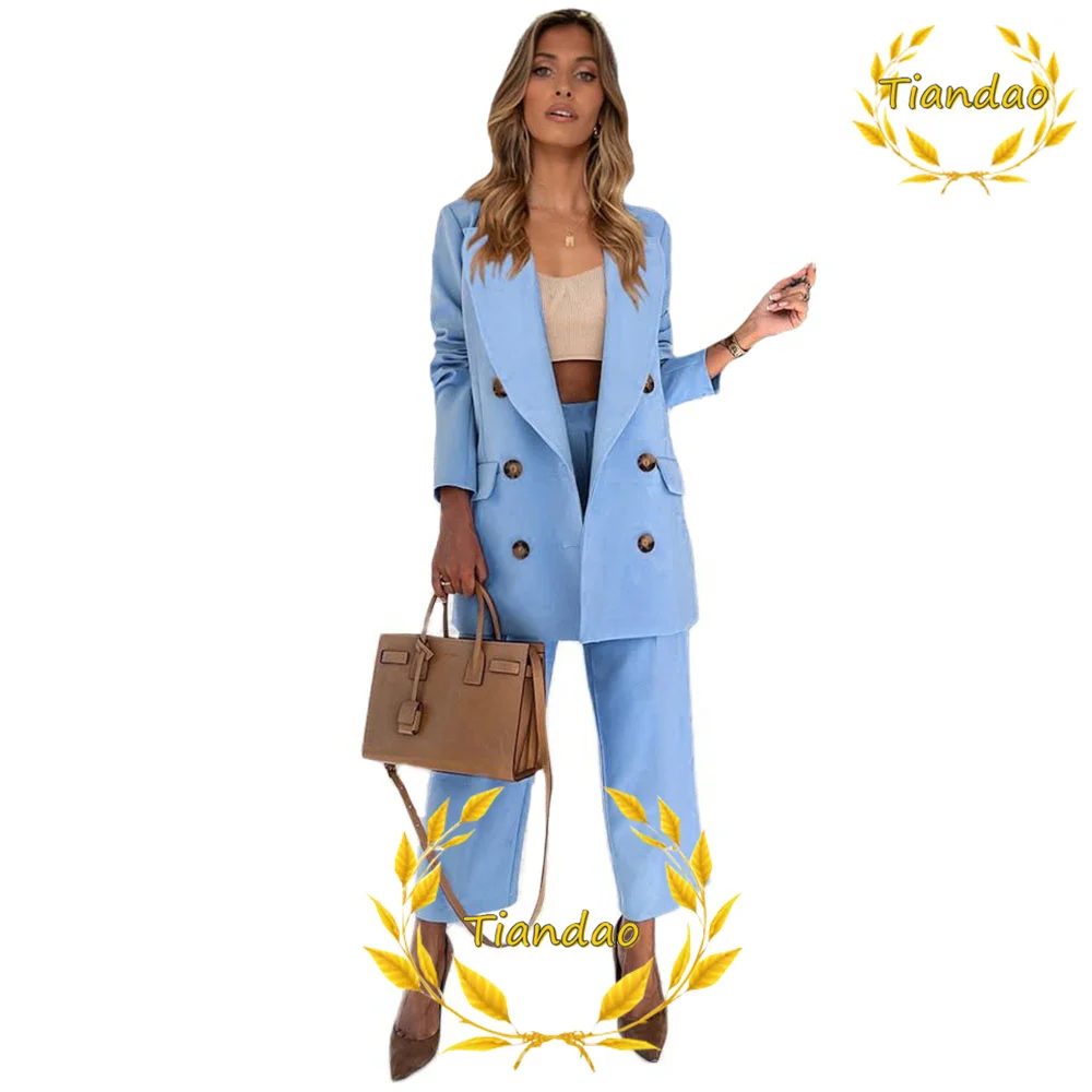 Women Suit Casual Straight Pants Set Formal Office Wear Double Breasted Blazer Elegant Ladies Two Piece Set Suits