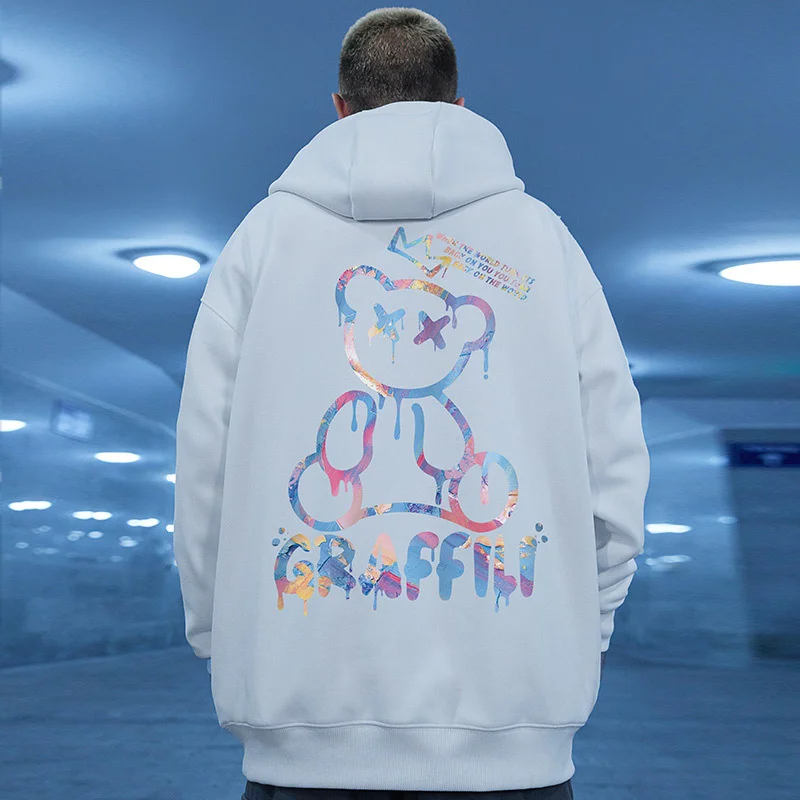 

High Street Graffiti Bear Print Men's Fleece Hoodie Retro Autumn Casual Pullover Hooded Sweatshirts Hip Hop Hoodies Clothes