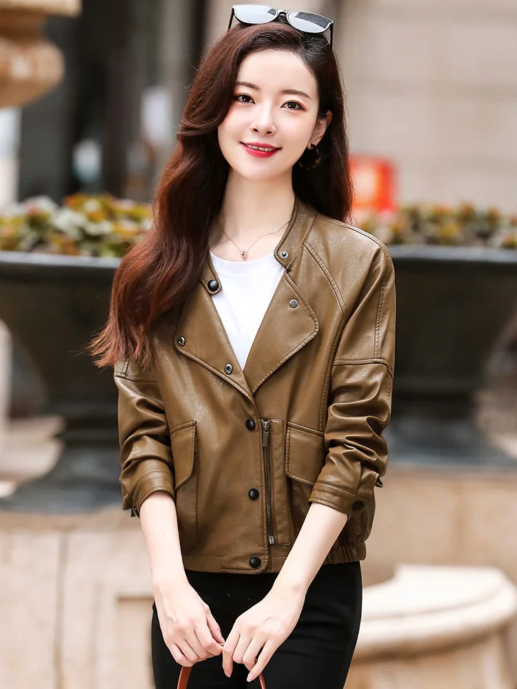 New Women Casual Leather Jacket Spring Autumn 2022 Fashion Stand Collar Zipper Short Sheepskin Coat Loose Moto&Biker Jacket