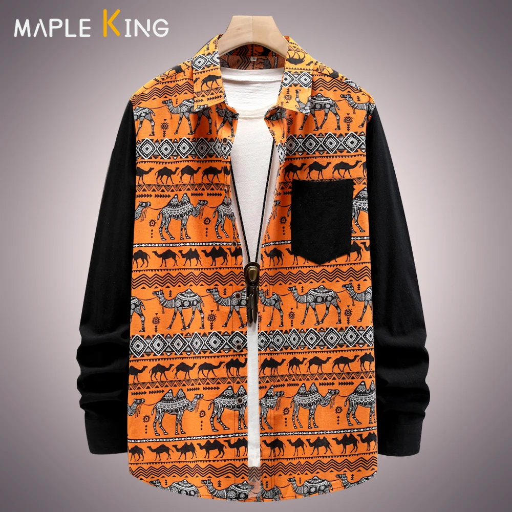 

Hip Hop Single Pocket Patchwork Long Sleeve Men Shirt Retro Camel Print Male Oversize Shirts Plus Size Mens Designer Clothes