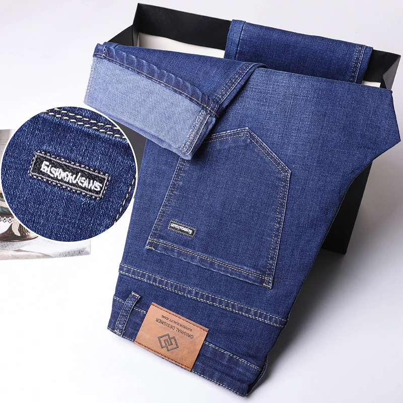 Мужские Универсальные Повседневные Джинсовые Джинсы Эластичные Прямые Брюки Со