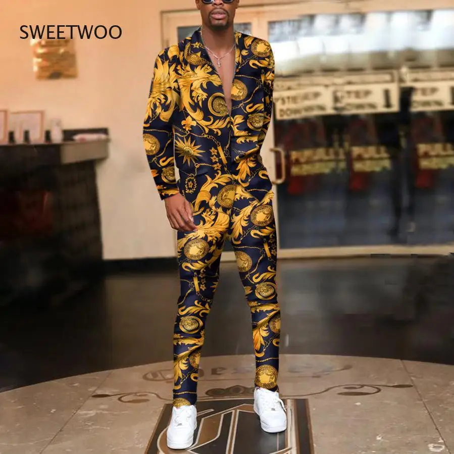 Men's Sets Autumn American Graffiti Print Suit Collar Shirt Slim Fit Casual Pencil Pants Streetwear Men Clothing Set