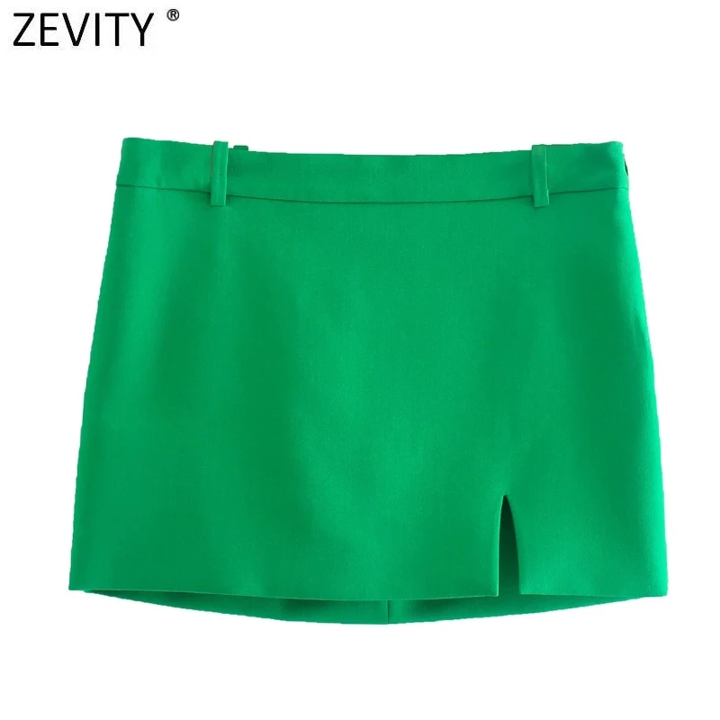 Zevity New Women High Street Green Color Slim Mini Skirt Faldas Mujer Lady Chic Side Zipper Casual Business Split Vestido QUN904