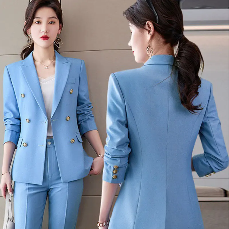 IZICFLY Spring New Style High Quality Blue Office Suit For Women Blazer With Trouser Business Career Interview Pant Sets 2 Piece