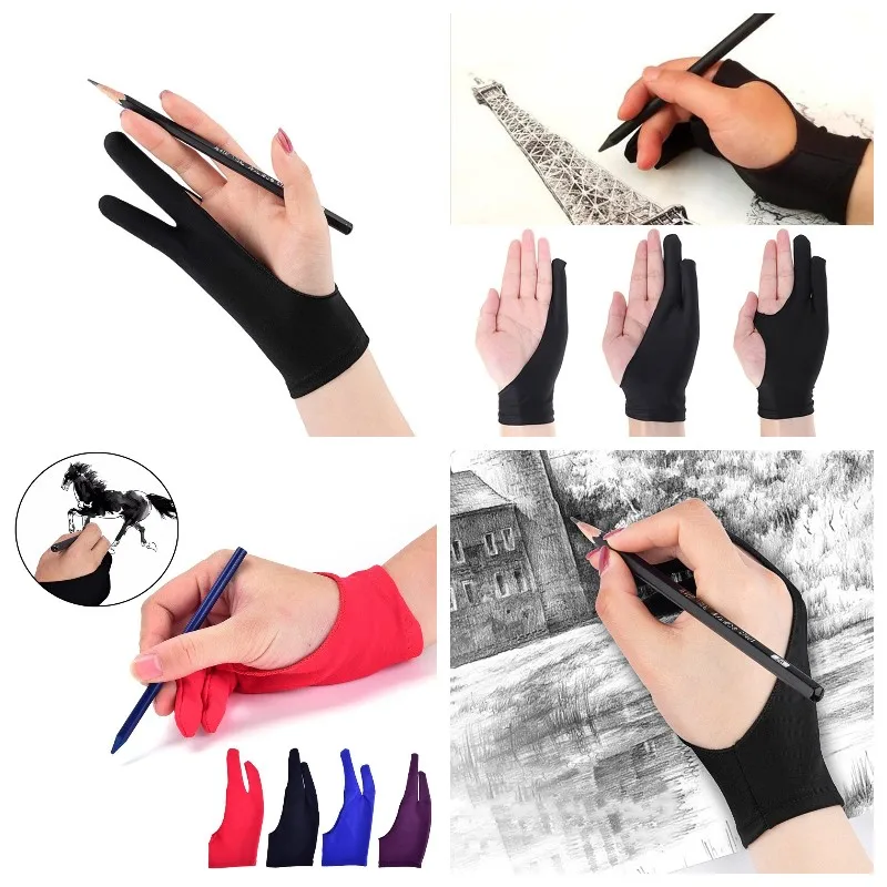 Artist Drawing Glove 3-Layer Palm Rejection [2 Pack Black] Right Left Hand  Digital Art Graphic Tablet iPad Gloves Two Finger Smooth Elasticity