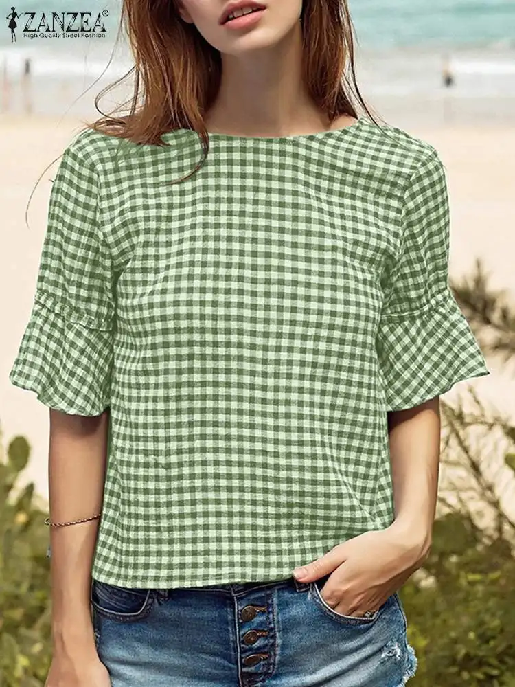 

ZANZEA Summer Fashion Plaid Checked Blouse Women O Neck Holiday Blusas Casual Loose Tunic Top Bohemian Half Sleeve Ruffles Shirt