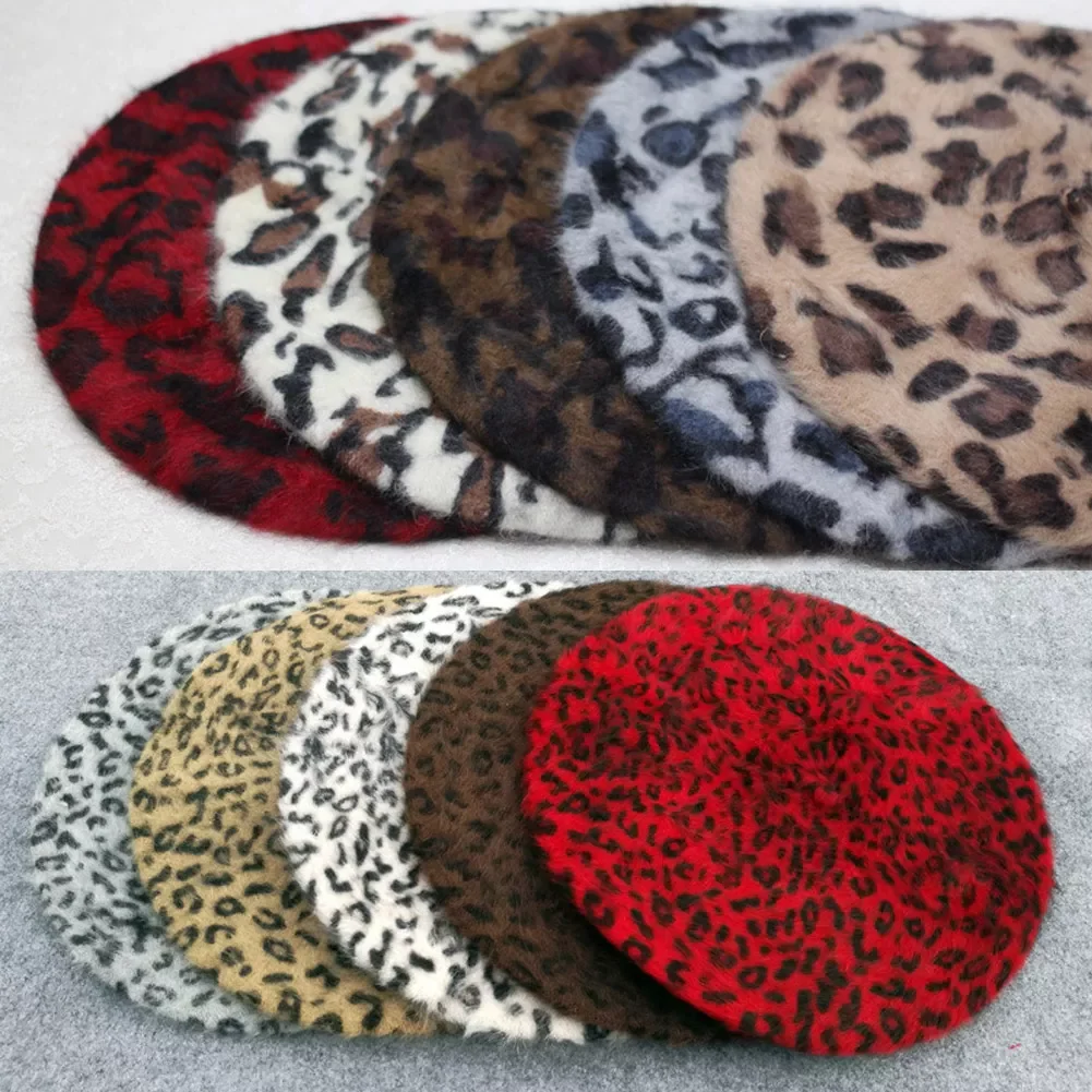 Autumn Winter Berets Fashion Leopard Printed Rabbit Beret Cap Ladies Girls Casual Hats Female Painter Warm Walking Cap