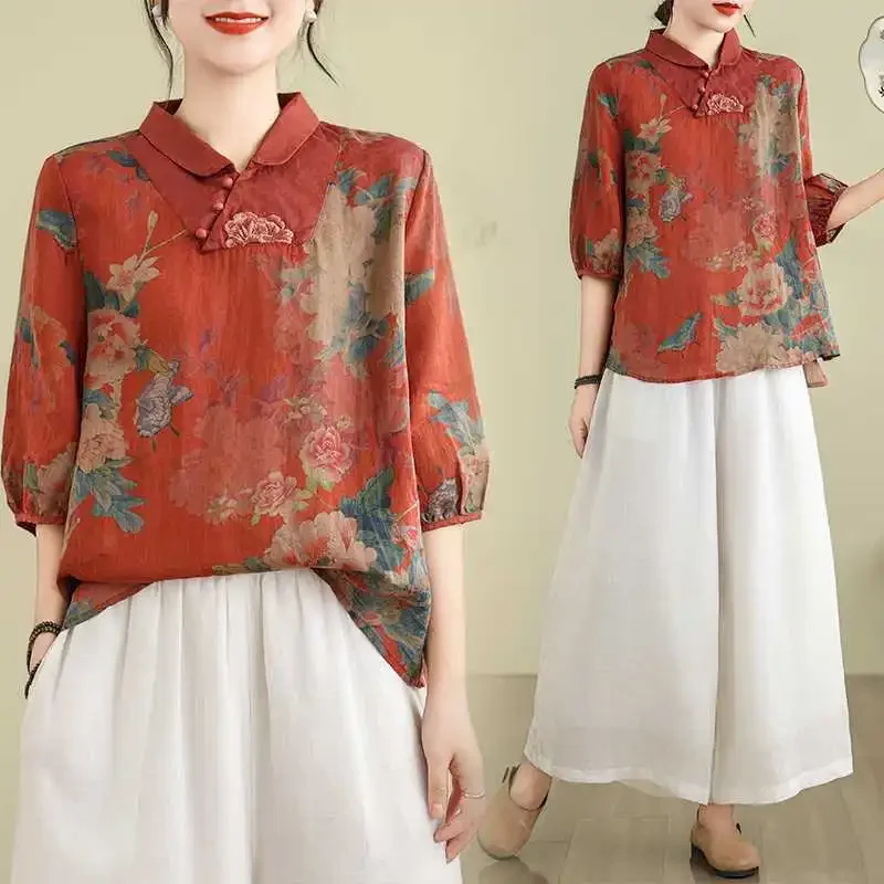 Высококачественная рубашка из конопли с вышивкой женская летняя Hanfu на пуговицах