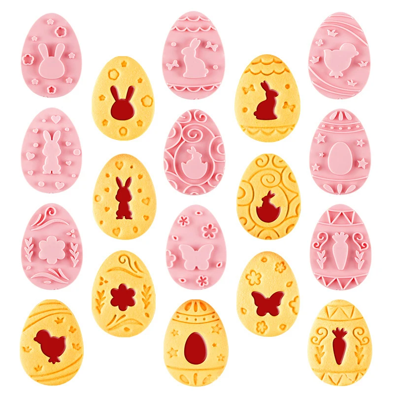 

9Pcs Easter Pink Cookie Set Easter Egg Bunny Chick Fondant Cookie Carrot Rabbit Pastry Biscuit Embossing Molds