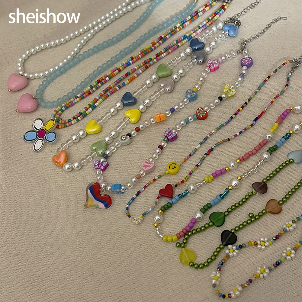

sheishow Acrylic Colorful Heart Necklace For Women Handmade Crystal Beads Clavicle Nace Chain Fashion Bohemian Design Jewelry