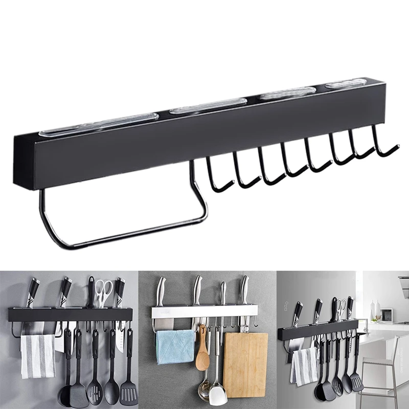 Stainless Steel Kitchen Wall Rack With 8 Hooks Towel Rack Without Holes 50Cm With A Set Of Accessories