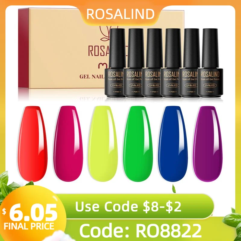 

ROSALIND 6PCS Neon Glow Gel Nail Polish Set Hybrid Varnishes Semi Permanent Top Base Coat Nail Gel Kit Need UV Lamp Nail Art