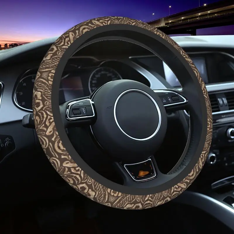 

Gold Brown Flowered Leather Print Steering Wheel Covers 14.5-15 Inch Girls Floral Soft Steering Wheel Protector for SUV Car