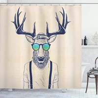 antlers shower curtain illustration of deer dressed up like cool hipster fashion creative fun animal cloth fabric bathroom decor