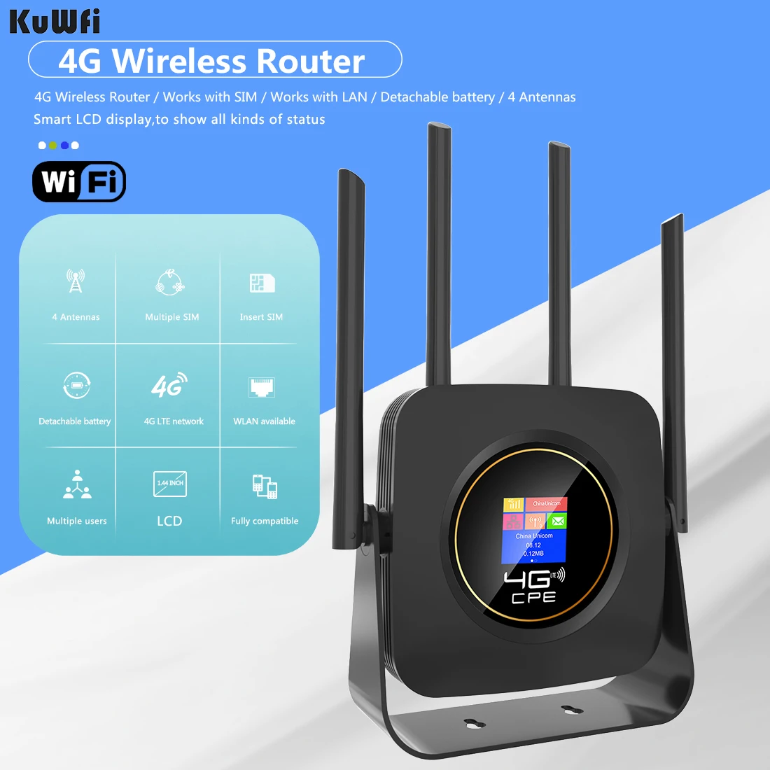 KuWFi 4G Wifi Router Sim With Built-in 3000mAh Battery High speed Mobile Wifi Hotspot 300Mbps Lte Router Easy to Use For Travel