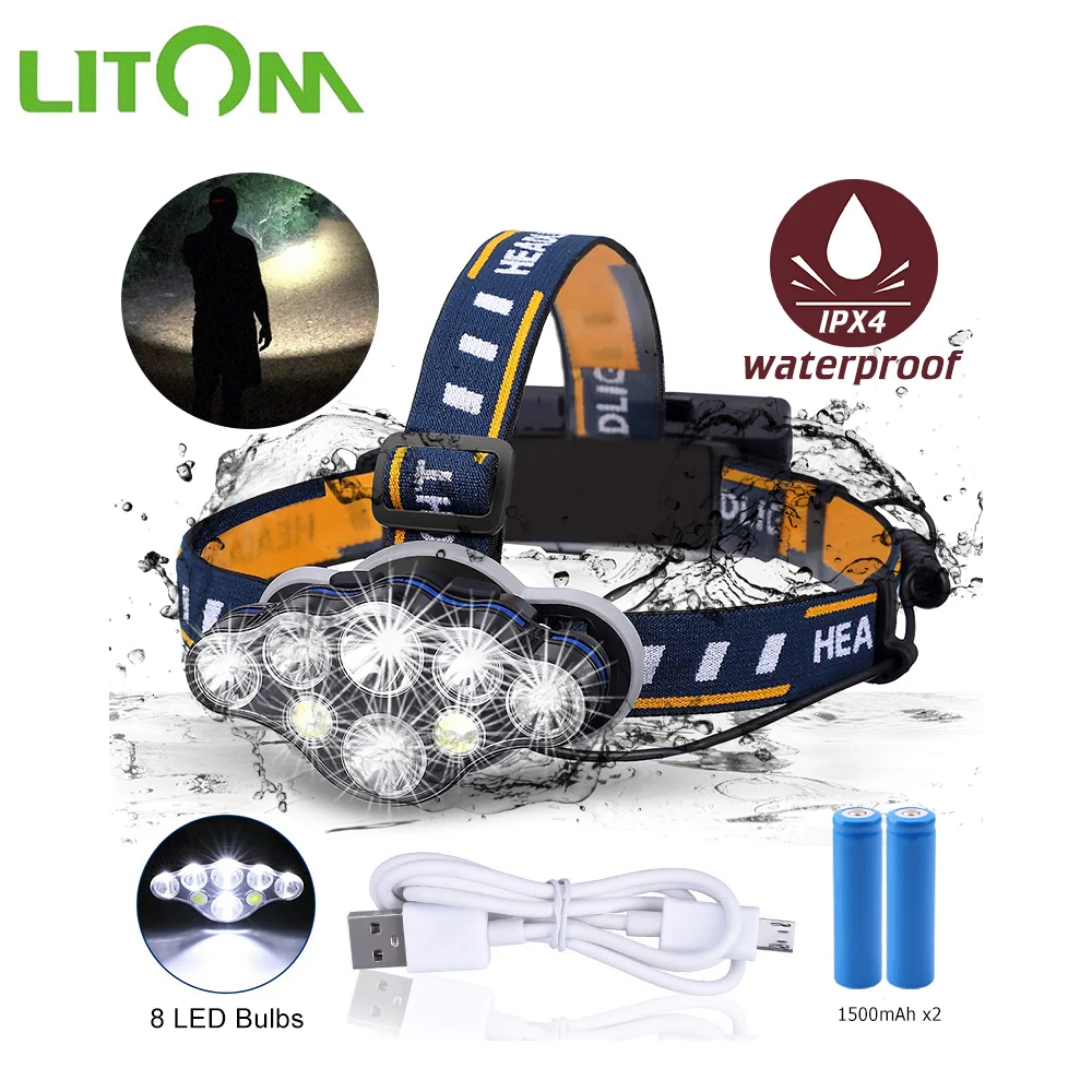

LITOM 8LED with Built-in 18650 Battery USB Rechargeable Portable Flashlight Lantern Headlamp Outdoor Camping Headlight Headlamps