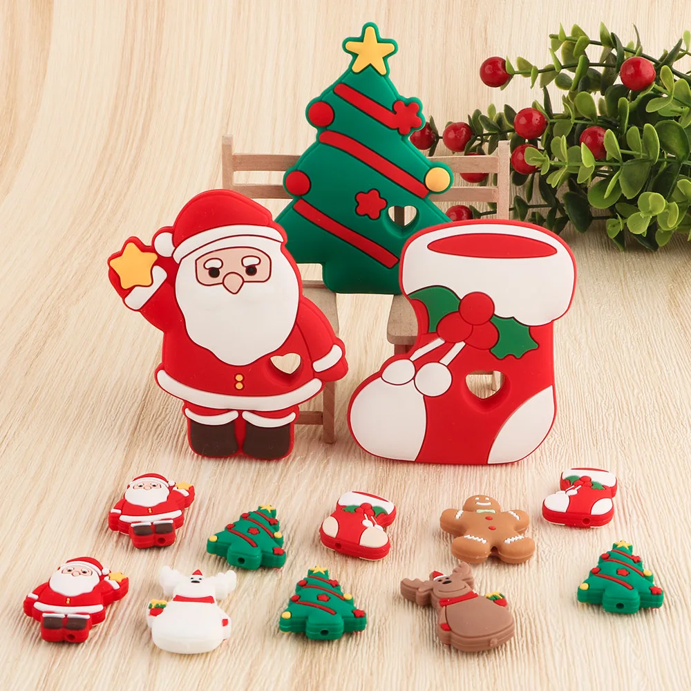 

Kovict 1-10pcs Christmas Series Silicone Beads Santa Reindeer Snowman Christmas Tree Baby Teether DIY Accessories Christmas Gift