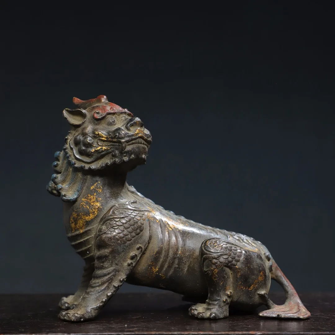 

6"Tibet Temple Collection Old Bronze Cinnabar Mud gold Turning Back Divine Beast Unicorn Statue Amass wealth Ornaments