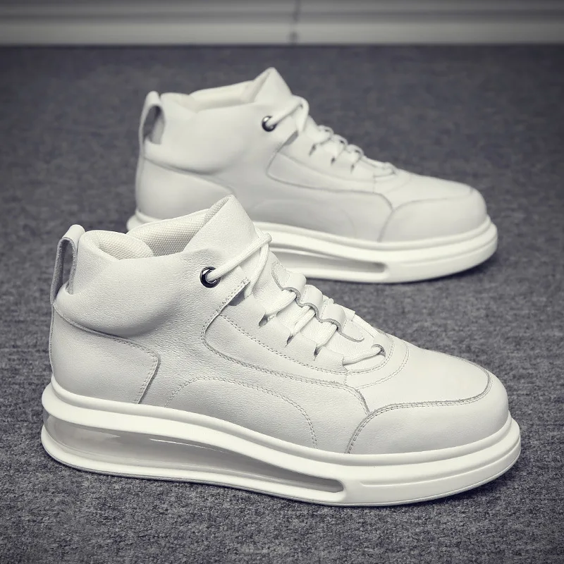 

Korean style men casual original leather boots black white shoes air cushion sneakers youth street platform ankle botas zapatos