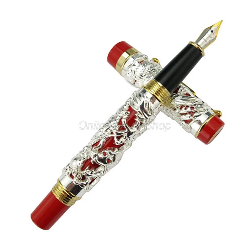 Jinhao винтажная перьевая ручка с красным серебряным драконом и фениксом тиснением