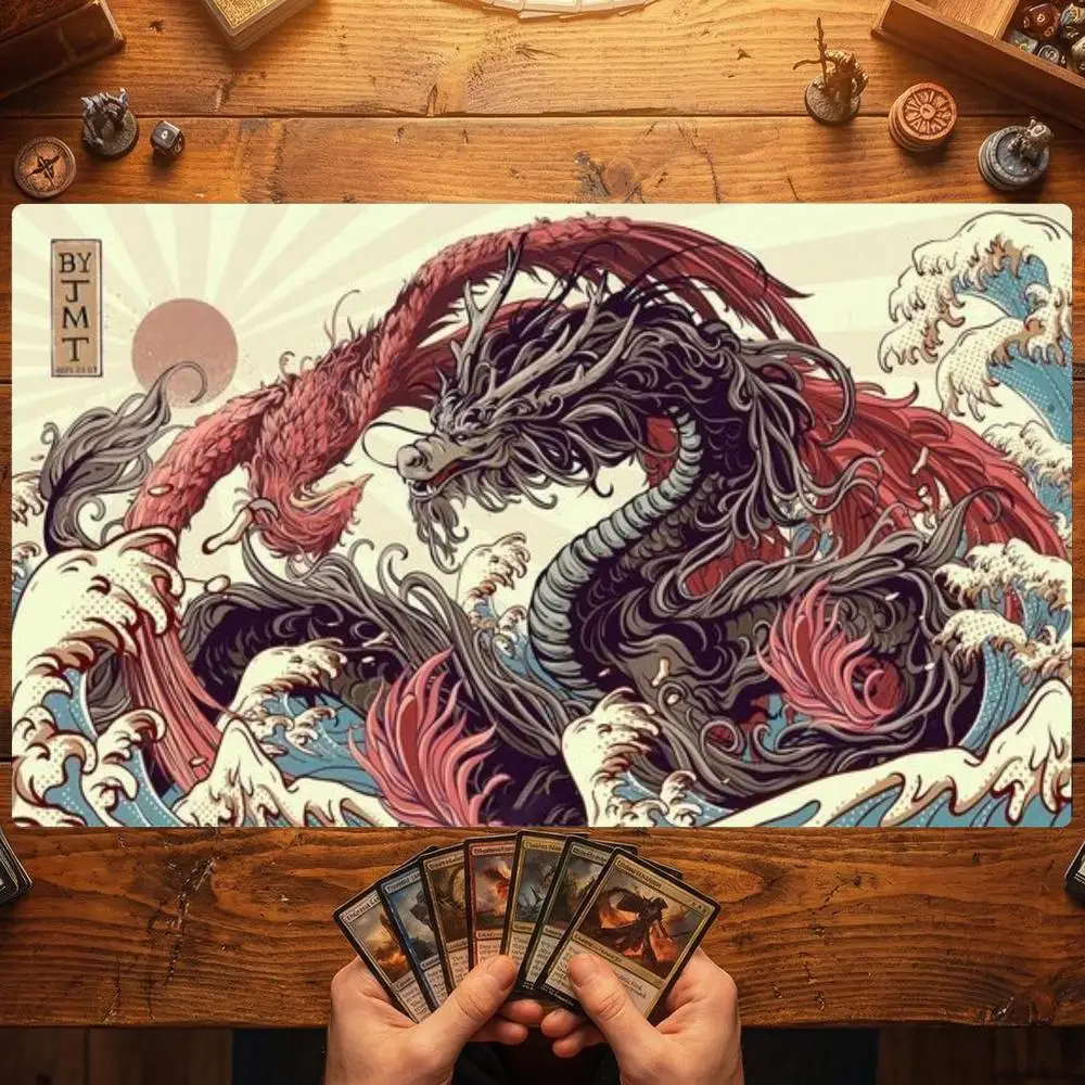 Фото Традиционный китайский игровой коврик TCG с изображением дракона, феникса и волн, 35x60 см, нескользящий, прочный, с прошитыми краями, для настольных игр. №1