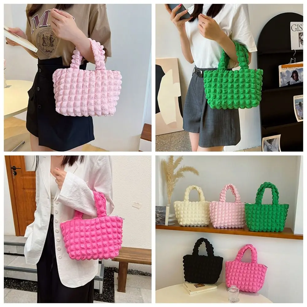 

Fold Cloud Puff Bubble Handbag Elegant Plaid Pleated Large Capacity Solid Color Travel
