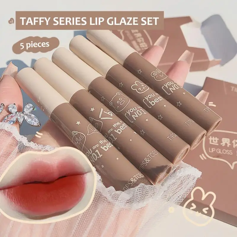 

5pcs Set Soft Mist Lip Gloss Lip Glaze Gift Set Lasting Colored Lipstick Lip Tint Mud Moisturizing Velvet Matte Lipstick