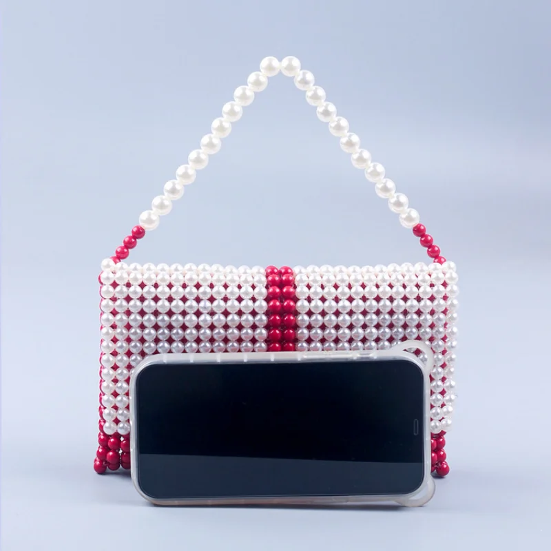 2022 New Red and White Hand-woven Beaded Pearl Bag Girls New Handbag Purse Women Evening Bag Wedding Party Clutches Sac A Main