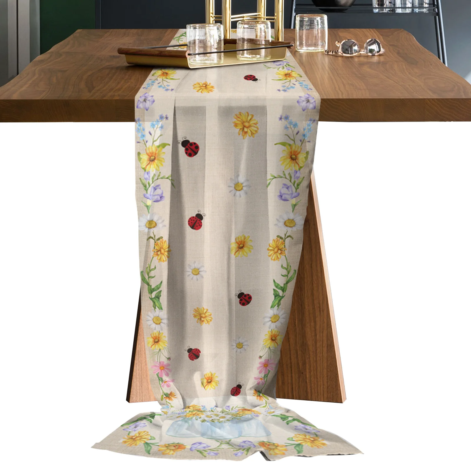 

Summer Daisy Ladybug Long Chiffon Voile Table Runner Printed Tablecloth for Wedding Coffee Table Sheer Table Runner