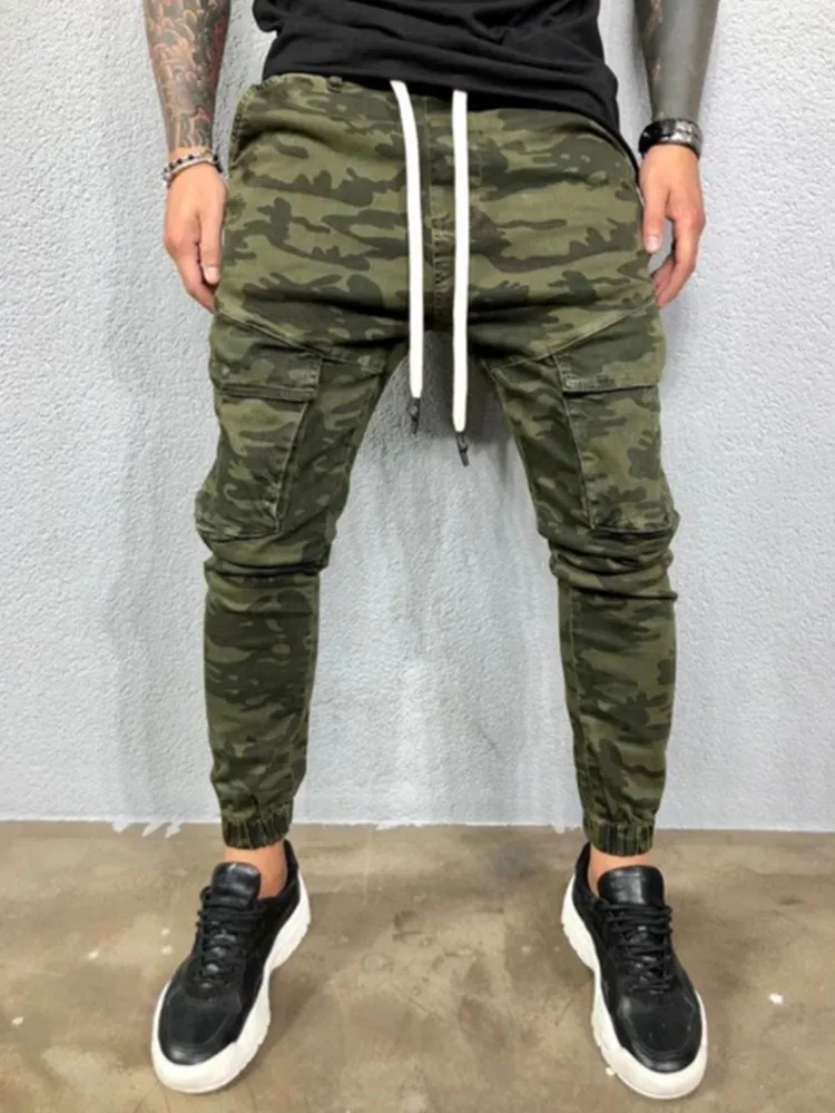 Men's Jeans Outdoor Jeans Men's Slim Pants Mid Waist Camouflage Sports Pencil Pants Fashion Casual Drawstring Pants New vaqueros