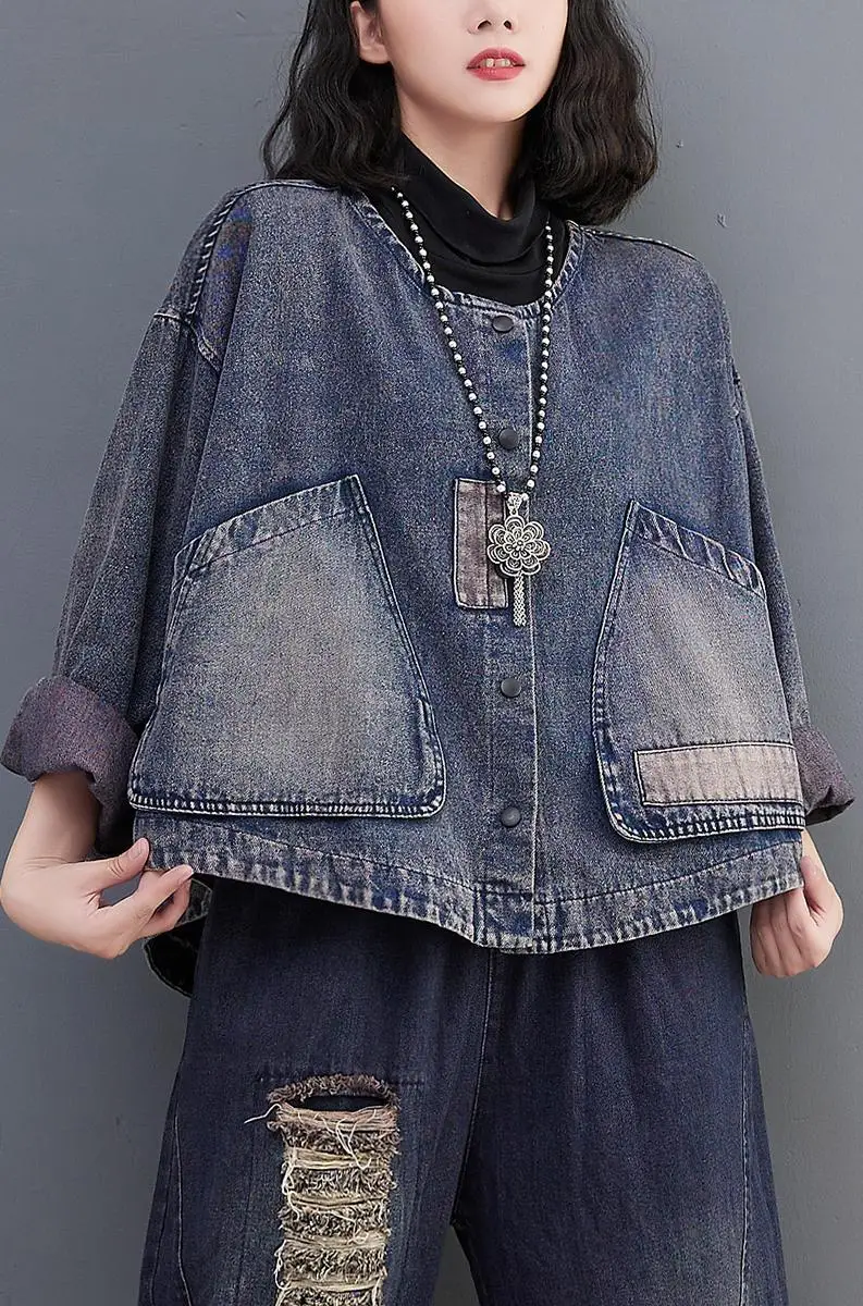 2022 Denim Jacket Women's Autumn Long Sleeves Dark Vintage Loose Cropped Casual Panels Wear Free Shipping