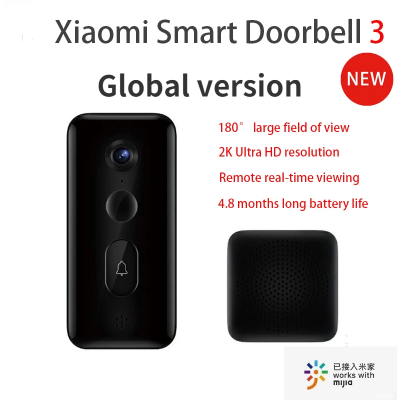 Global Version Xiaomi Smart Doorbell 3 180°Large FieldView 2K Ultra HDResolution AI Humanoid Recognition Remote Realtime Viewing