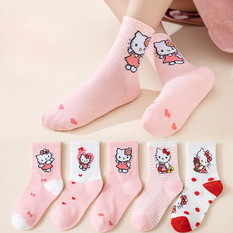 

Kawaii Sanrio Anime Hello Kitty Winter Children Cotton Lace Socks Cute Cartoon Girly Heart Middle Socks Gifts for Girls