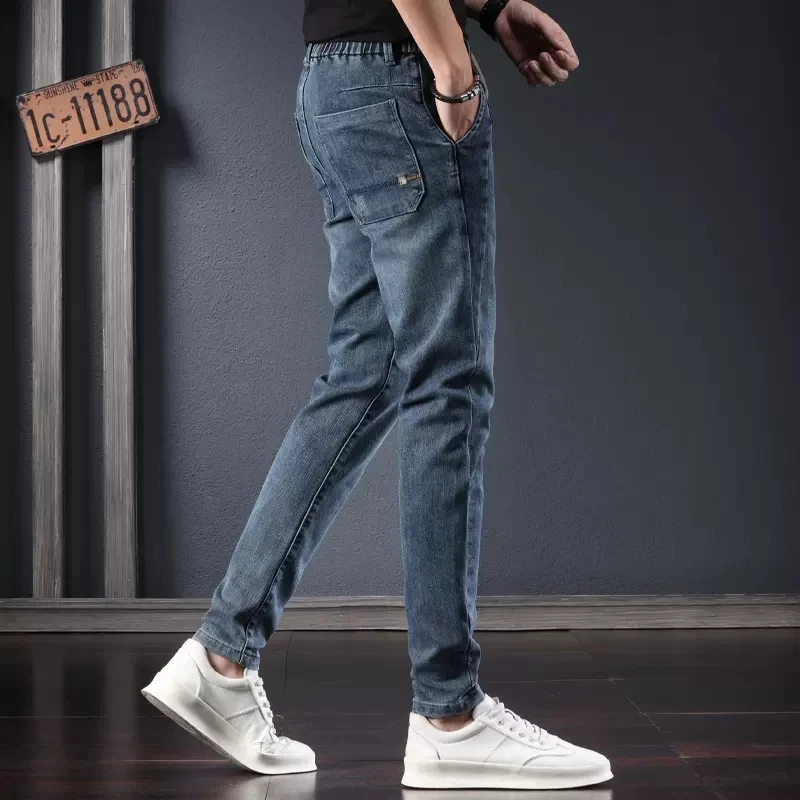 Elastic Waist Blue Jeans Men Casual Slim Fit Pencil Pants Fashion Korean Style Drawstring Denim Trousers CP2176