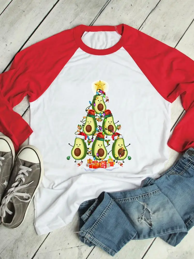 

Avocado Love Tree Trend Merry Christmas Print T Shirt Clothes Clothing New Year Women Raglan Sleeve Graphic T-shirt Top Tee