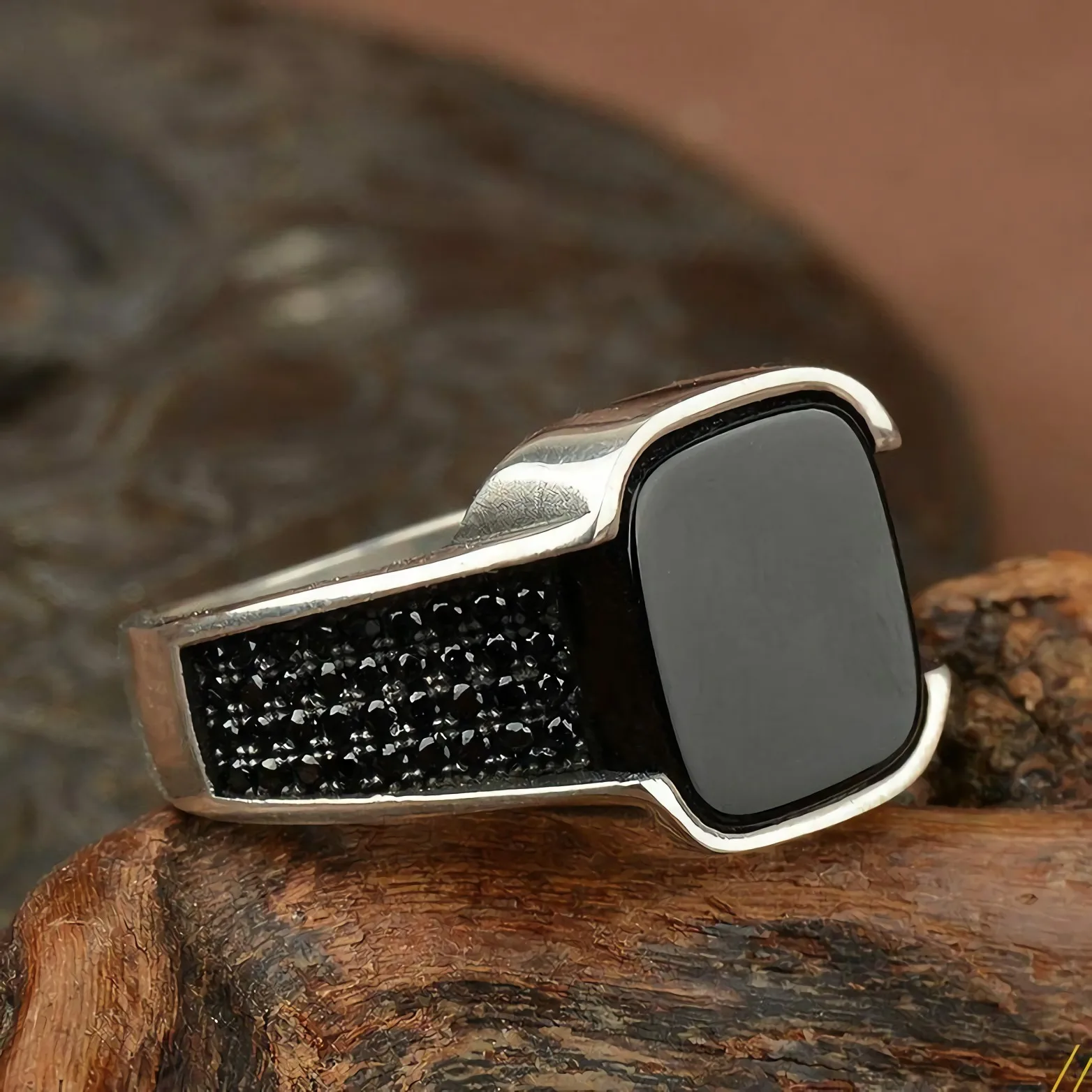 

Fashion Men's Black Square Cubic Zirconia Stone Ring Silver Color Vintage Punk Bike Party Jewelry