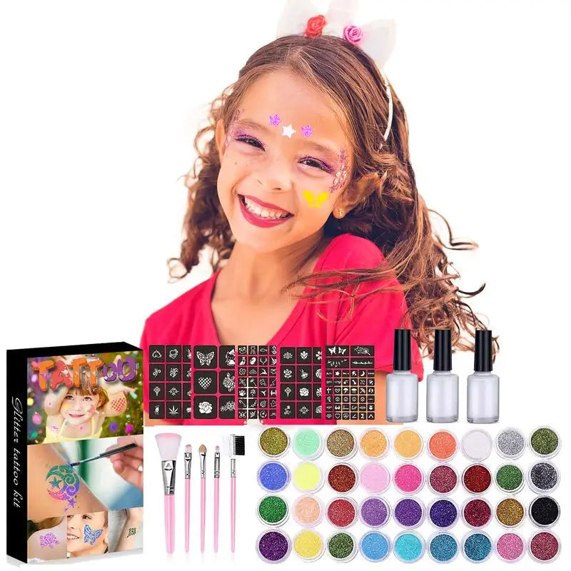 

Glitter Tattooss Kit Professional Flash Tattooss For Kids And Adults Face Body Nail Makeup Art Paint Lasts 3-3 Glue 5 Brushes