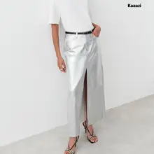 KAAAZI Elegant Women Long Skirt Split PU Leather Slim Fashion Autumn 2023 New Female Silver Skirt Office Ladies Chic Trend