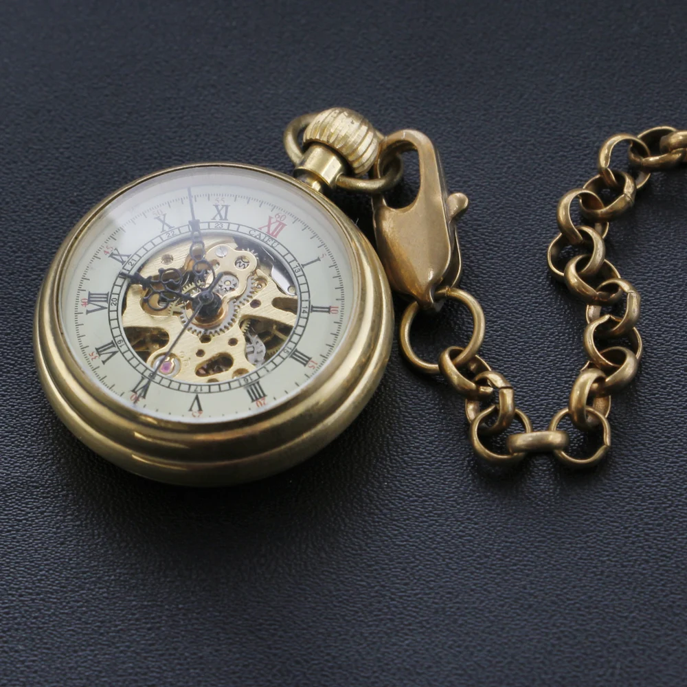 Small Hollow Bronze Roman Digital Mechanical Pocket Watch High Quality Necklace Timing Pendant Pocket Watch for Men and Women