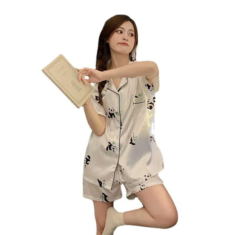 Ice Silk Pajamas Ladies New Summer Cardigan Short Sleeve Shorts Cute Panda Can Outerwear Homewear Suit