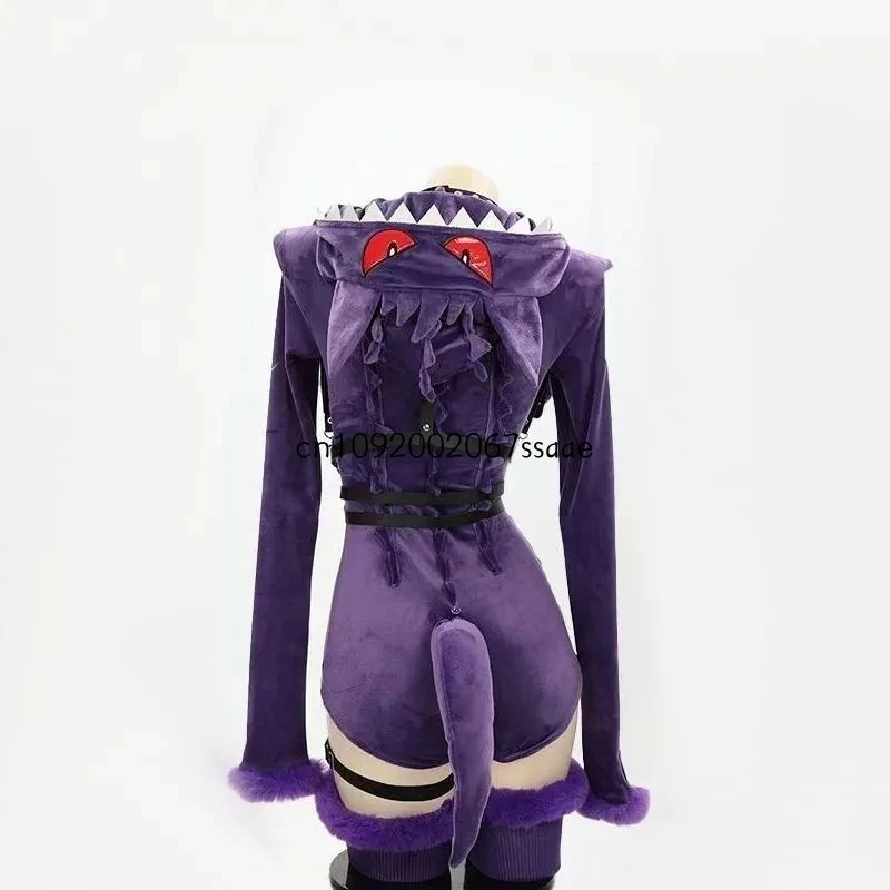 Фото Костюм для косплея Gengar из аниме, фиолетовый плюшевый комбинезон, униформа дьяволицы, женский сексуальный боди с капюшоном, одежда для Хэллоуина и карнавала №4