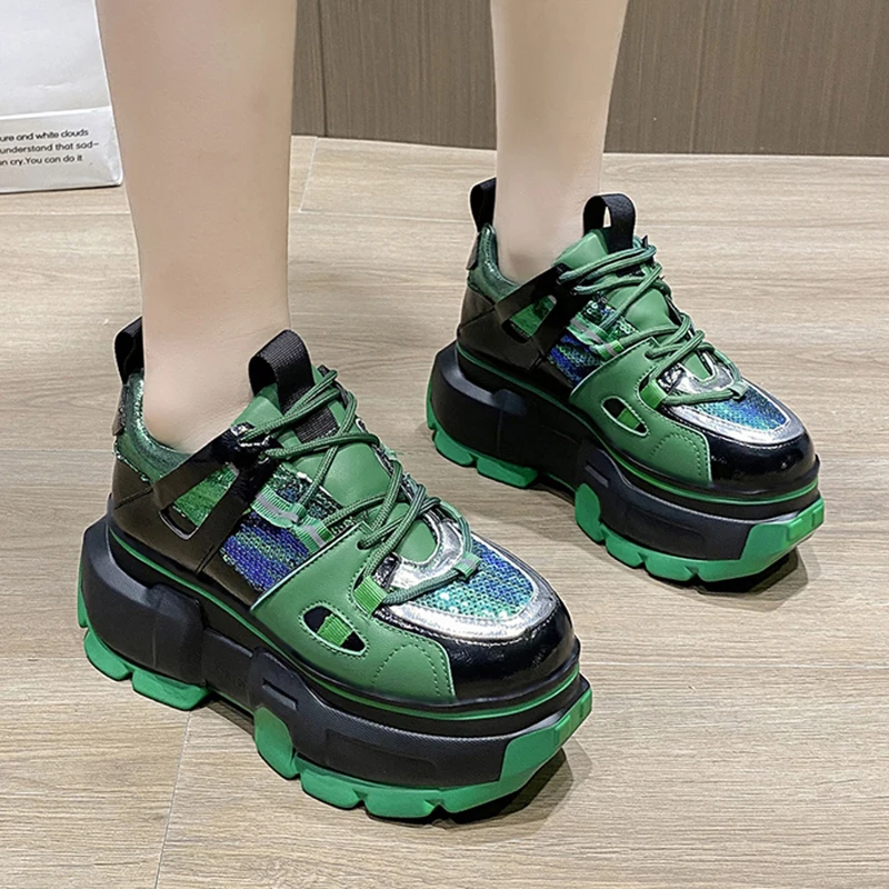 

Lucyever Shiny Glitter Chunky Dunky Sneaker Women Lace Up Platform Vulcanized Shoes Female Thick Heels Casual Sneakers Woman