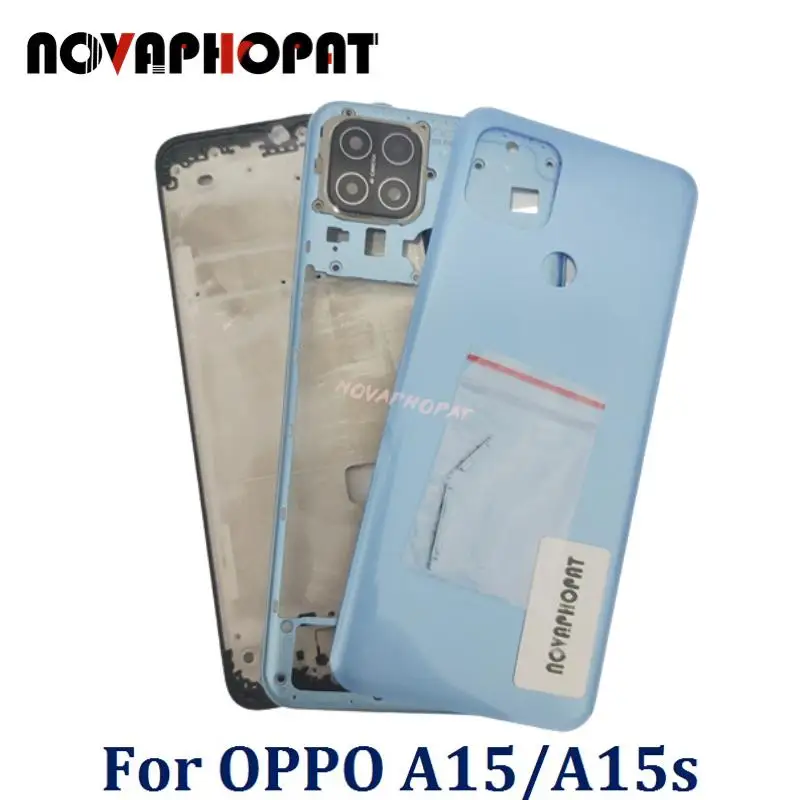 Крышка батарейного отсека для OPPO A15, задняя панель, Кнопка громкости, средняя рамка, Передняя ЖК-панель, объектив камеры