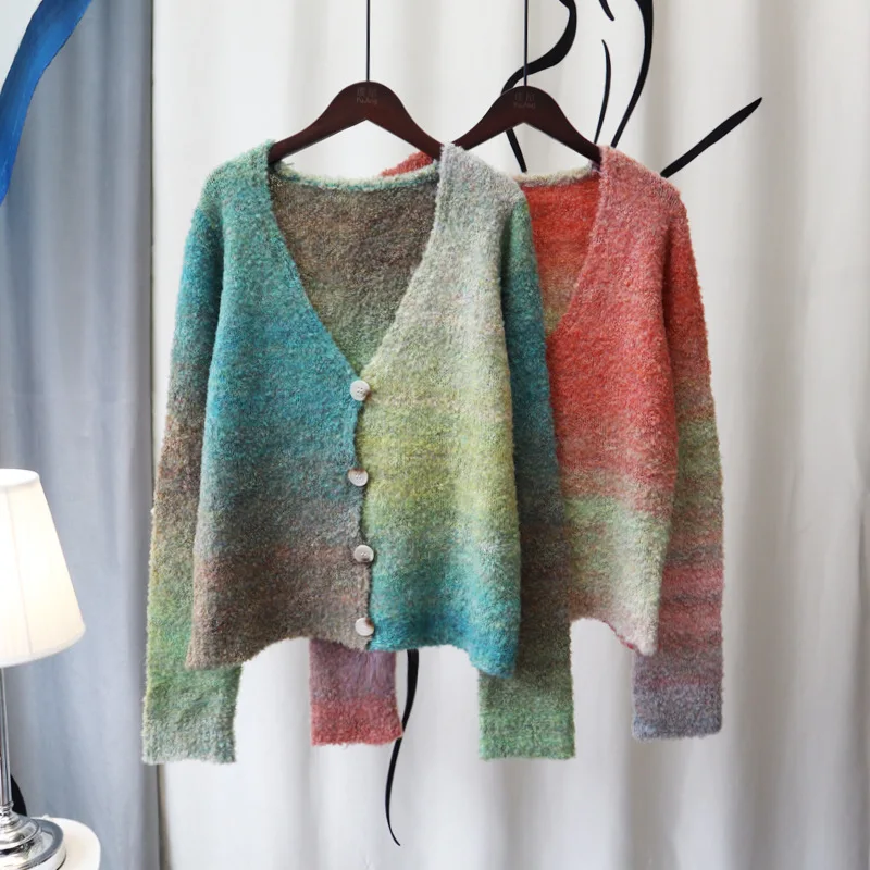 

Retro Contrast Color Gradient Knitted Cardigan Women's 2022 Autumn and Winter New Korean Version Loose and Lazy Sweater Coat